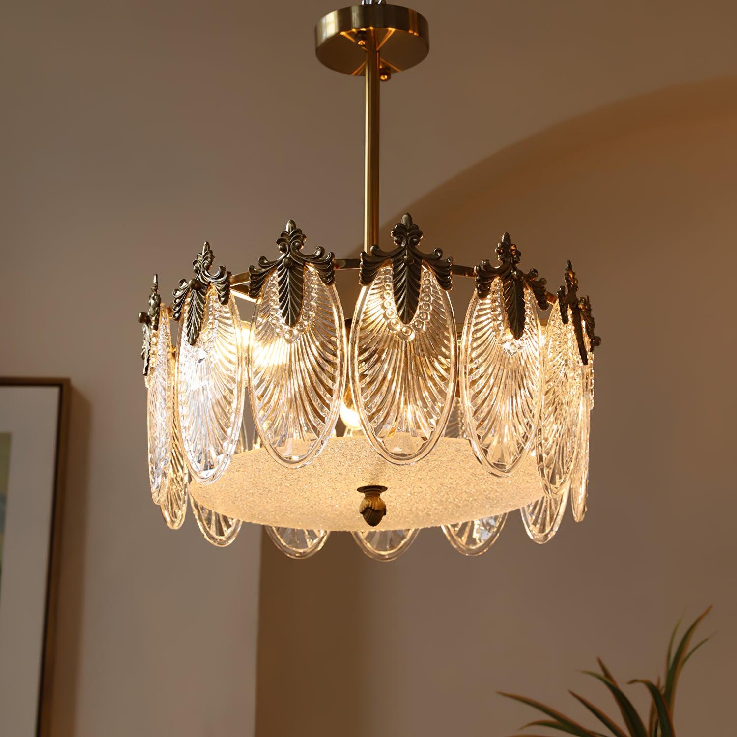 Plafonnier Feuilles de Verre Façon Paon — Lustre Art Déco Style Français | PAON™