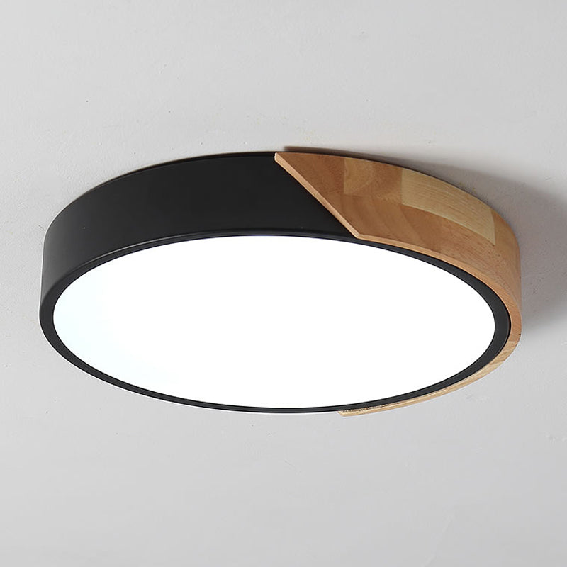 abat-jour tambour nordique LED moderne en bois et fer peint avec lumière réglable