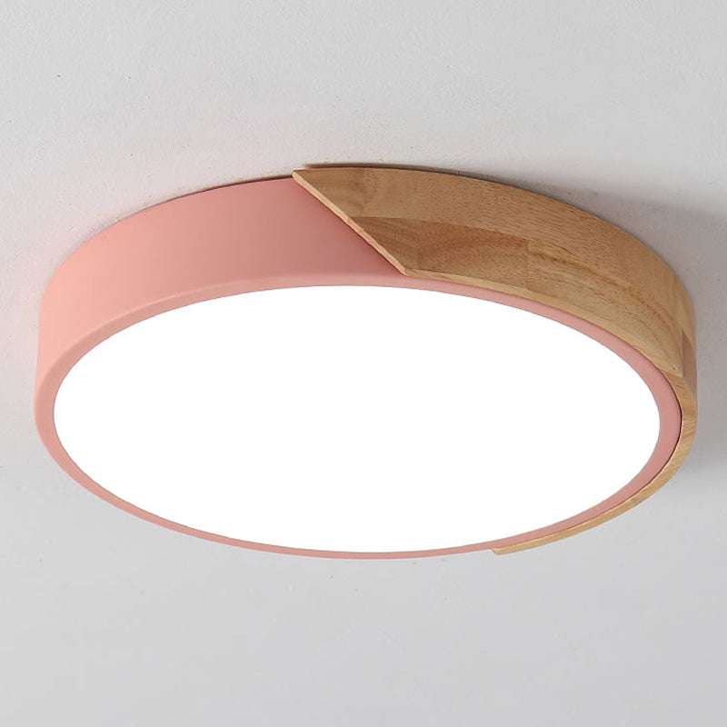 abat-jour tambour nordique LED moderne en bois et fer peint avec lumière réglable