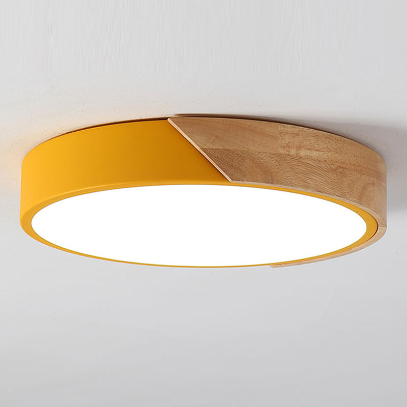 abat-jour tambour nordique LED moderne en bois et fer peint avec lumière réglable