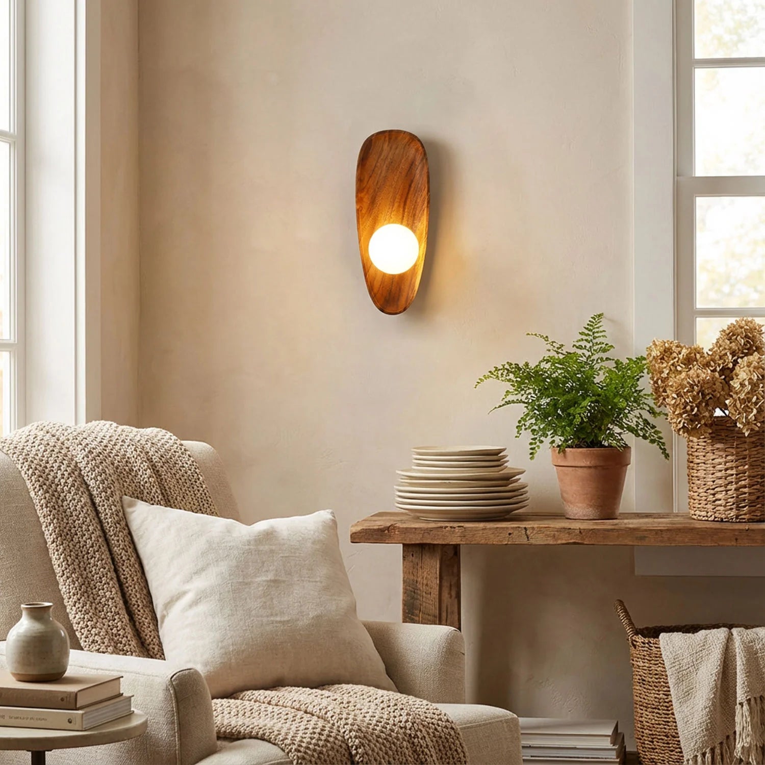 Applique Murale en Bois Naturel & Verre Teinté — Lampe Chevet Style Vintage | ÉCORCE™