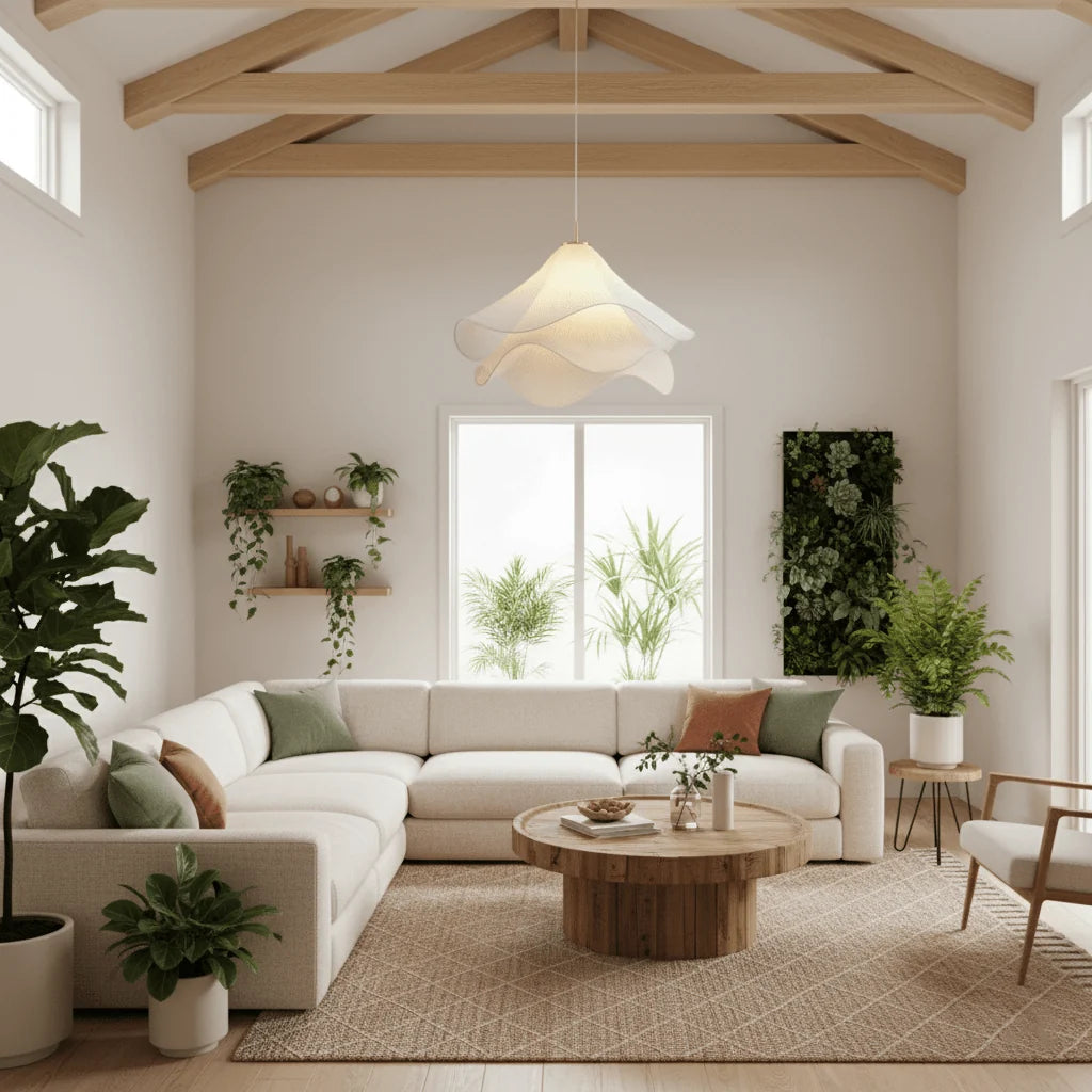 Suspension Pétales en Tissu Froncé — Lampe Style Français Crème | VOLANT™