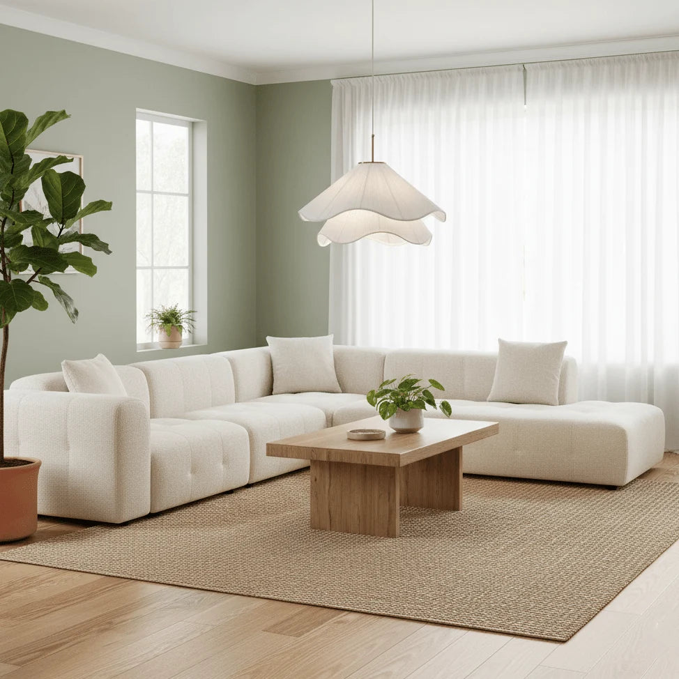 Suspension Pétales en Tissu Froncé — Lampe Style Français Crème | VOLANT™