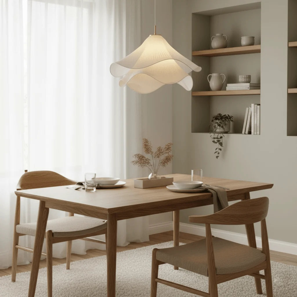 Suspension Pétales en Tissu Froncé — Lampe Style Français Crème | VOLANT™