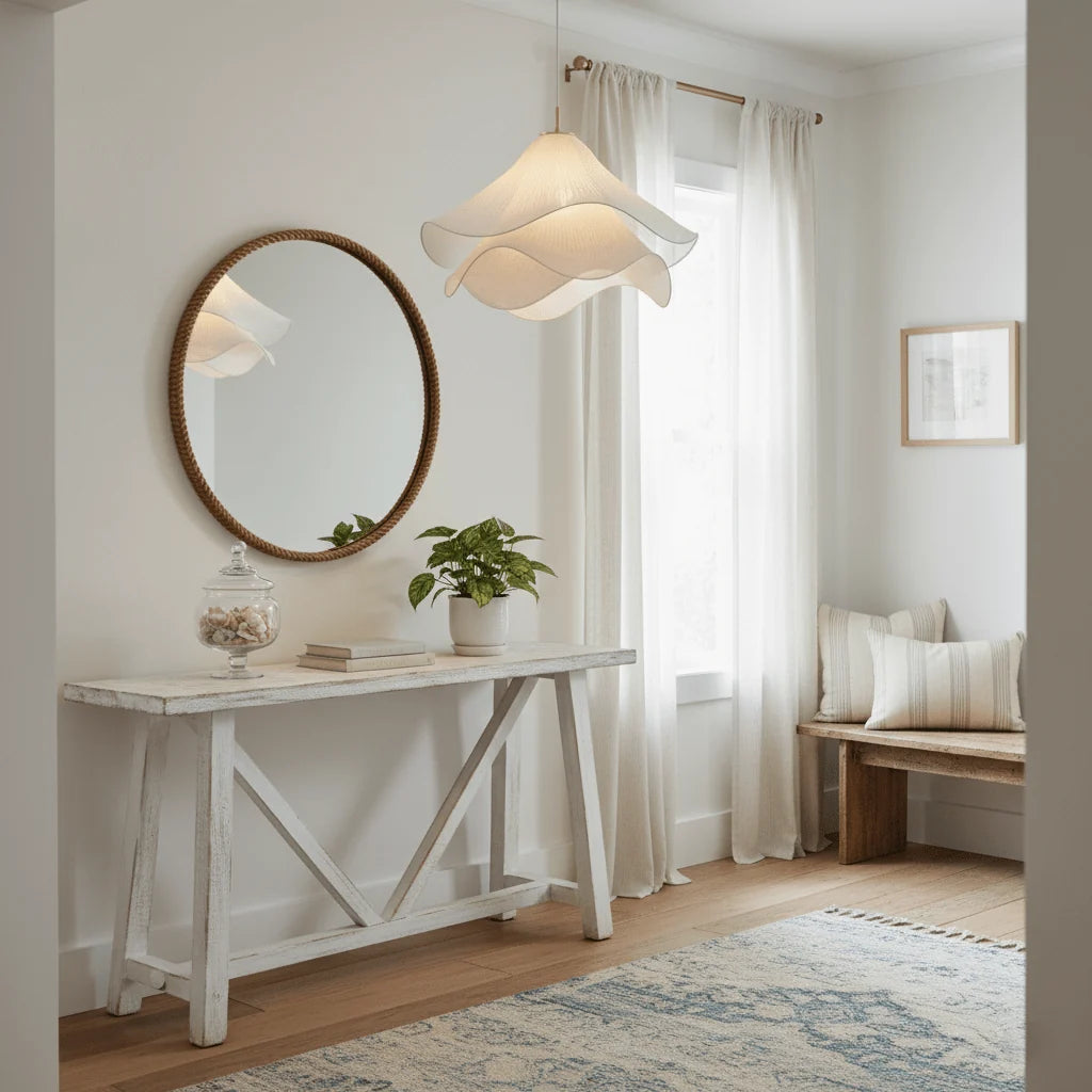 Suspension Pétales en Tissu Froncé — Lampe Style Français Crème | VOLANT™