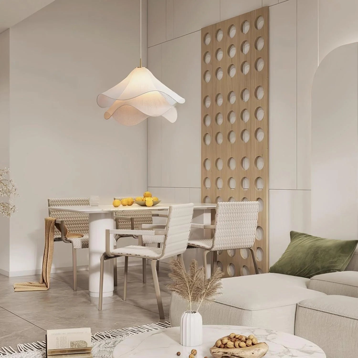 Suspension Pétales en Tissu Froncé — Lampe Style Français Crème | VOLANT™