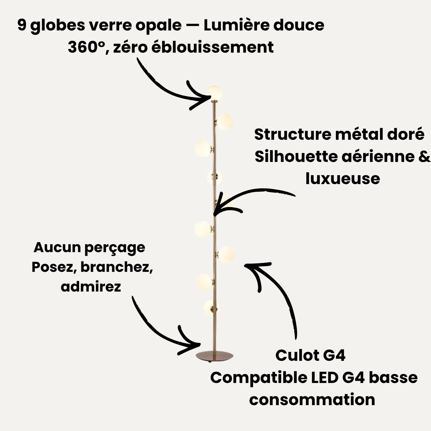 Lampadaire Design Nordique 9 Globes Verre Opale et Métal Doré | Magic Beans™