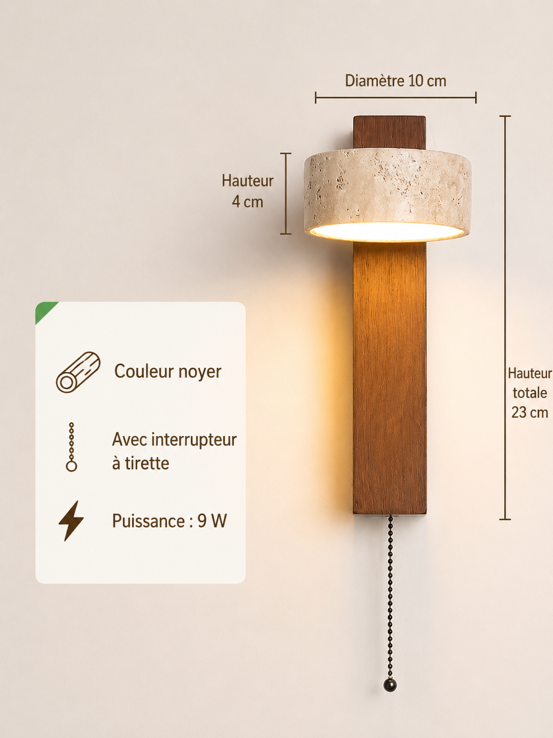 Applique Murale Pierre et Bois Style Japonais — Luminaire Minimaliste Interrupteur Tirette | STELE™