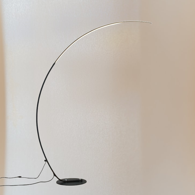Lampadaire nordique LED en arc avec tige en aluminium noir ou blanc, lumière réglable avec télécommande, idéal pour une ambiance moderne et chaleureuse.

