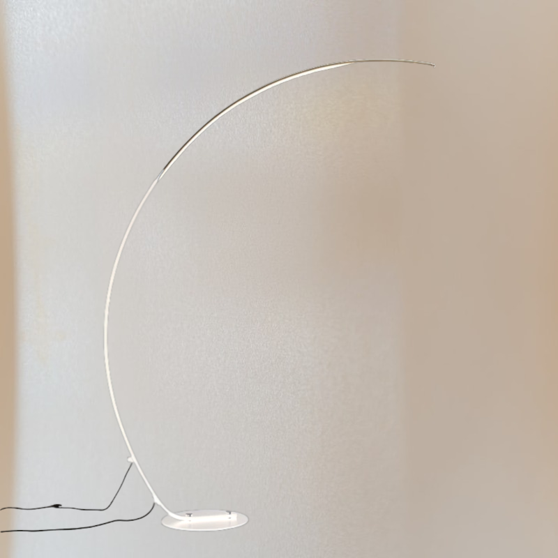 Lampadaire nordique LED en arc avec tige en aluminium noir ou blanc, lumière réglable avec télécommande, idéal pour une ambiance moderne et chaleureuse.

