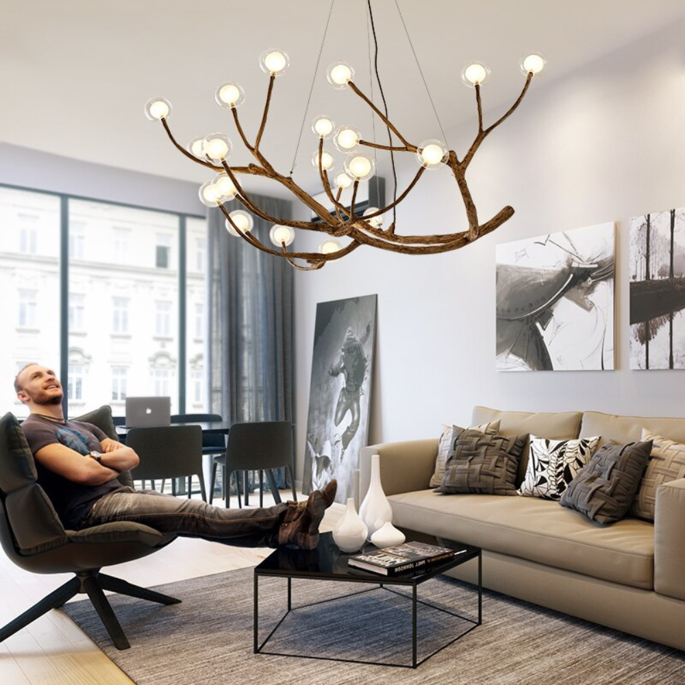 Lustre nordique Branche d’Arbre à Bulles de Verre avec finition bois, éclairage LED chaleureux, idéal pour salons, îlots de cuisine et espaces d’accueil raffinés.

