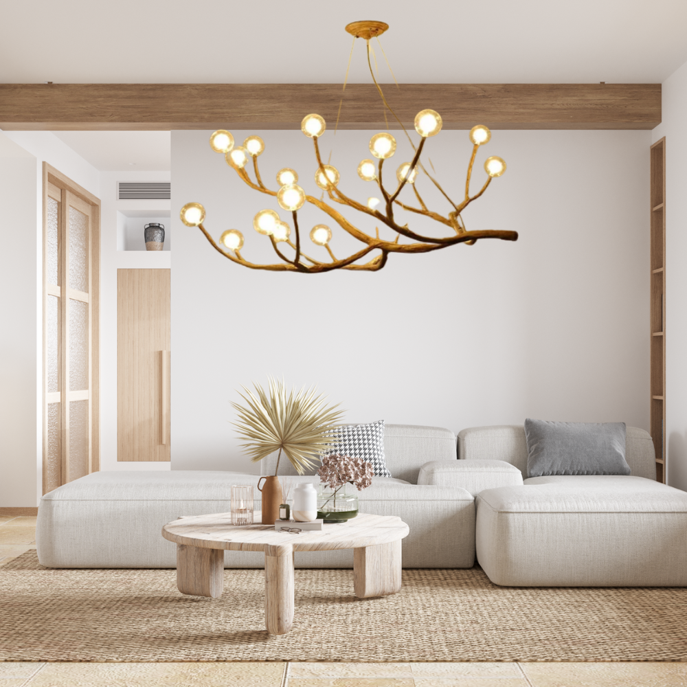 Lustre nordique Branche d’Arbre à Bulles de Verre avec finition bois, éclairage LED chaleureux, idéal pour salons, îlots de cuisine et espaces d’accueil raffinés.

