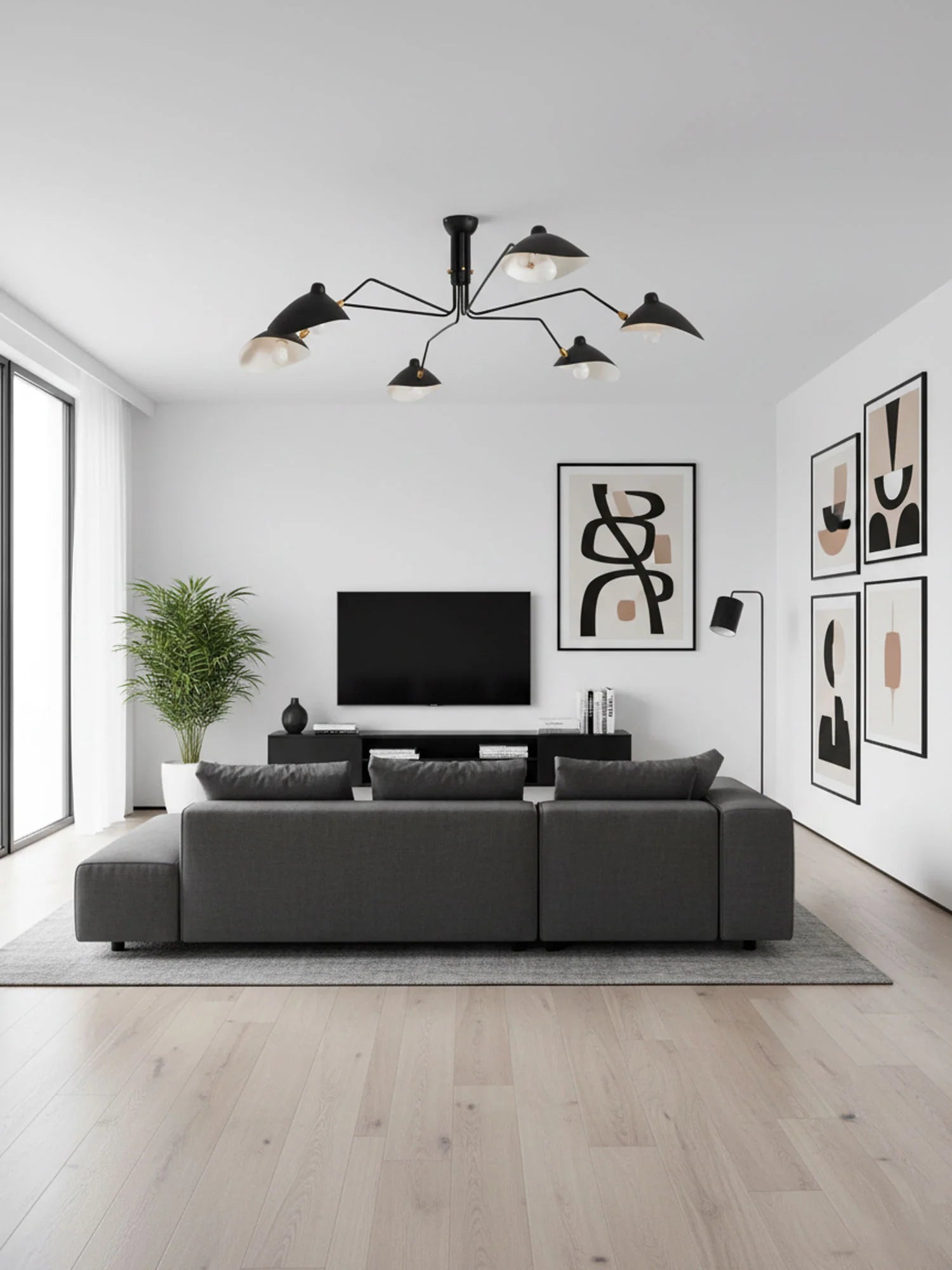 Plafonnier Design Multi-Bras Sculptural Noir & Blanc pour Salon & Salle à Manger | PIEUVRE™