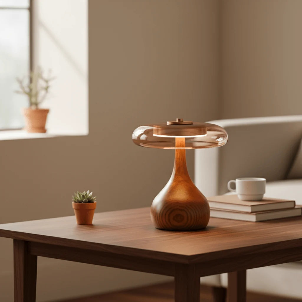 Lampe de Chevet Dôme en Verre & Pied en Bois Style Rétro | CALICE™