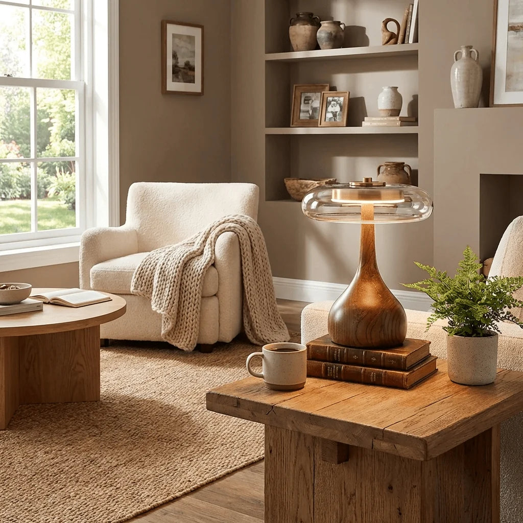 Lampe de Chevet Dôme en Verre & Pied en Bois Style Rétro | CALICE™