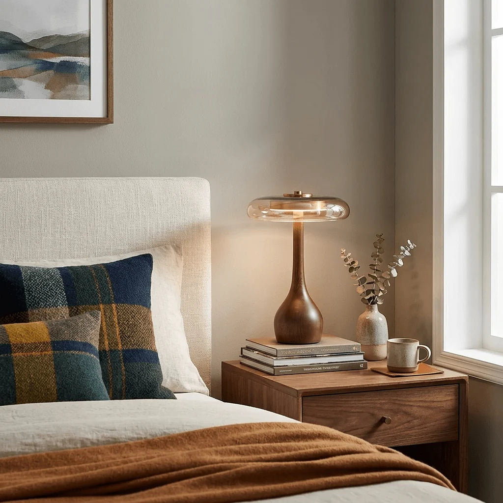 Lampe de Chevet Dôme en Verre & Pied en Bois Style Rétro | CALICE™