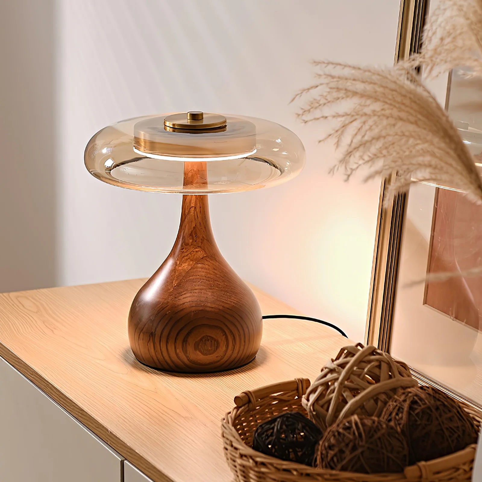 Lampe de Chevet Dôme en Verre & Pied en Bois Style Rétro | CALICE™