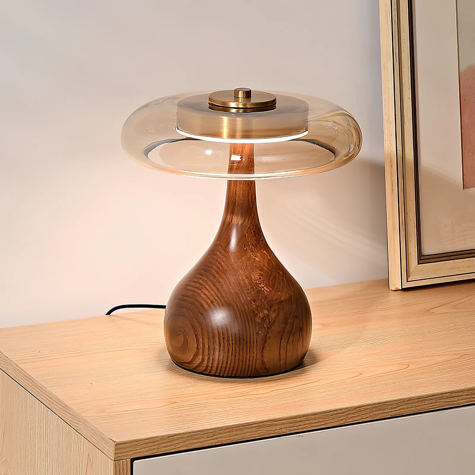 Lampe de Chevet Dôme en Verre & Pied en Bois Style Rétro | CALICE™