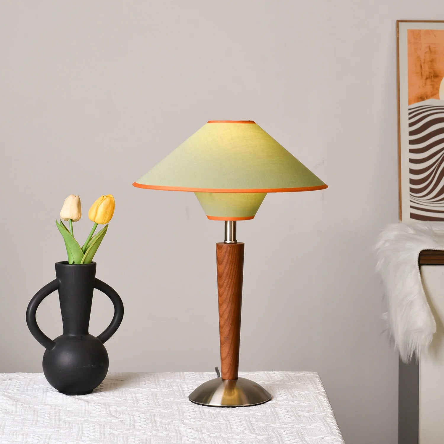 Lampe de Chevet Noyer Massif & Abat-jour Conique en Tissu | NOISETTE™