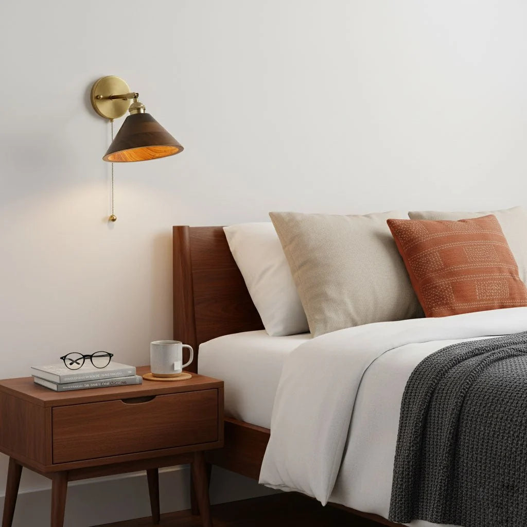 Applique Murale Cône en Bois de Noyer et Laiton — Style Edison Vintage | CHAPEAU™