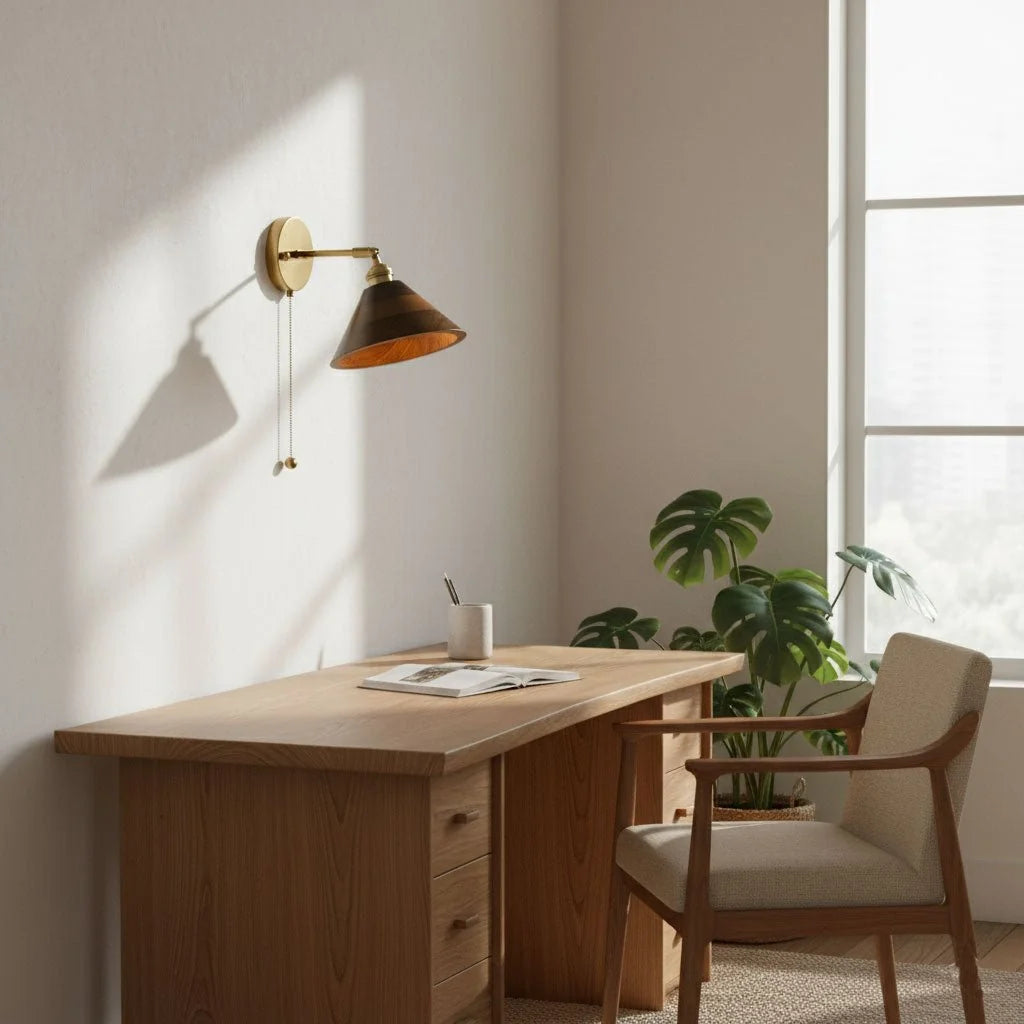 Applique Murale Cône en Bois de Noyer et Laiton — Style Edison Vintage | CHAPEAU™