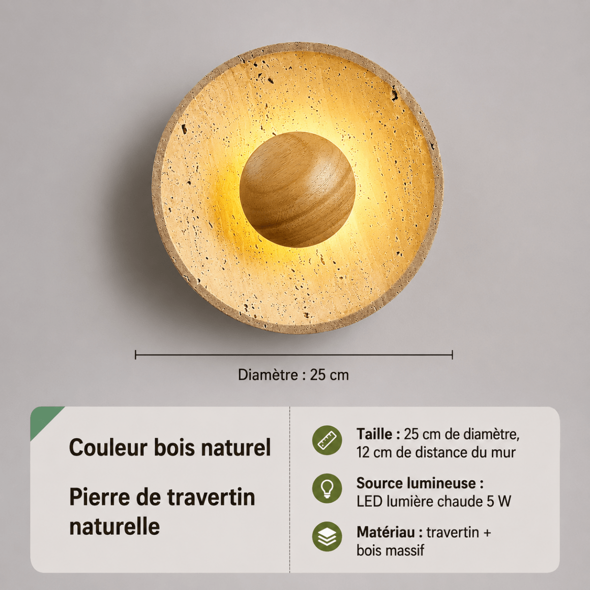 Applique Murale en Travertin et Bois Massif — Disque Lumineux Wabi-Sabi | TIVOLI™ - Lampes Design