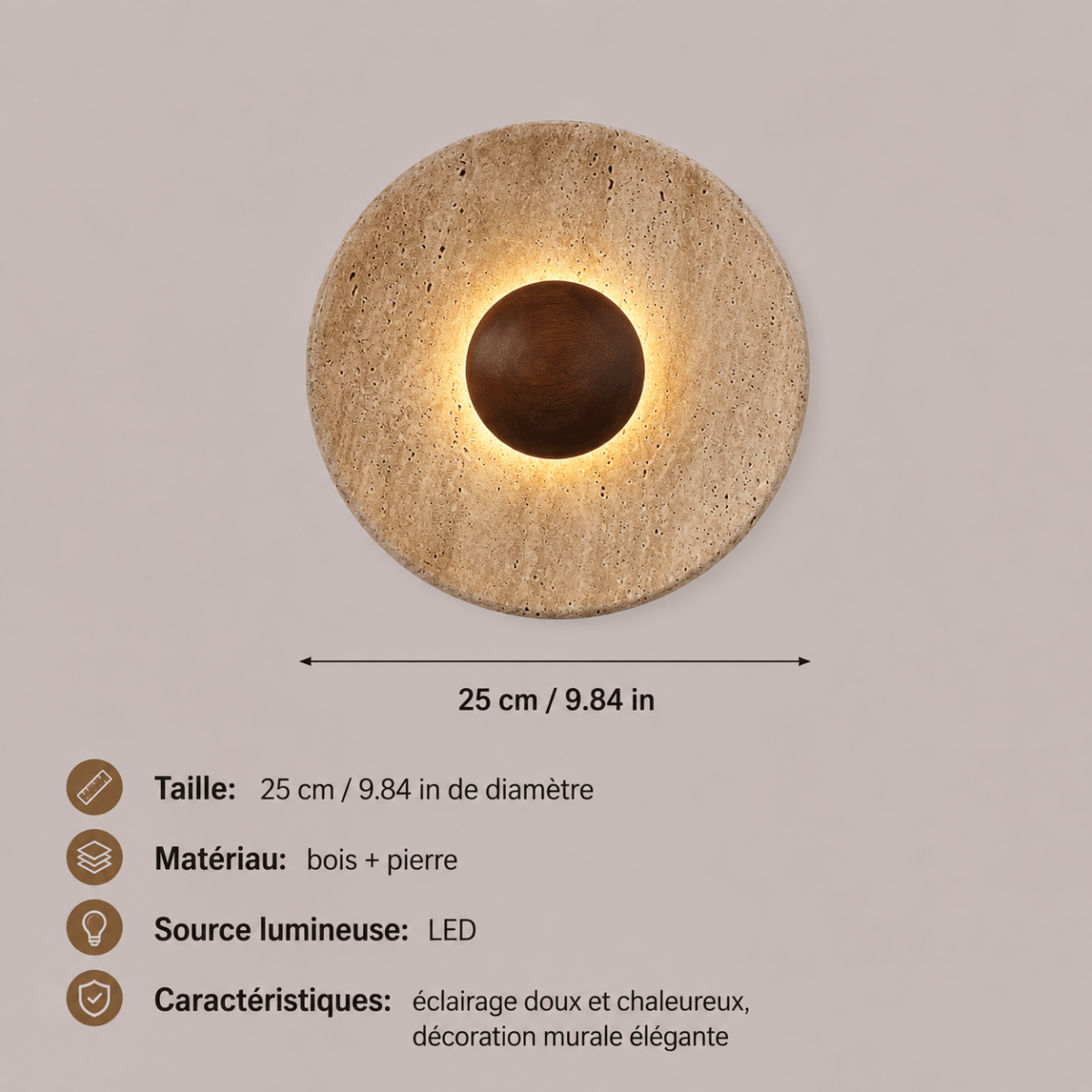 Applique Murale en Travertin et Bois Massif — Disque Lumineux Wabi-Sabi | TIVOLI™ - Lampes Design