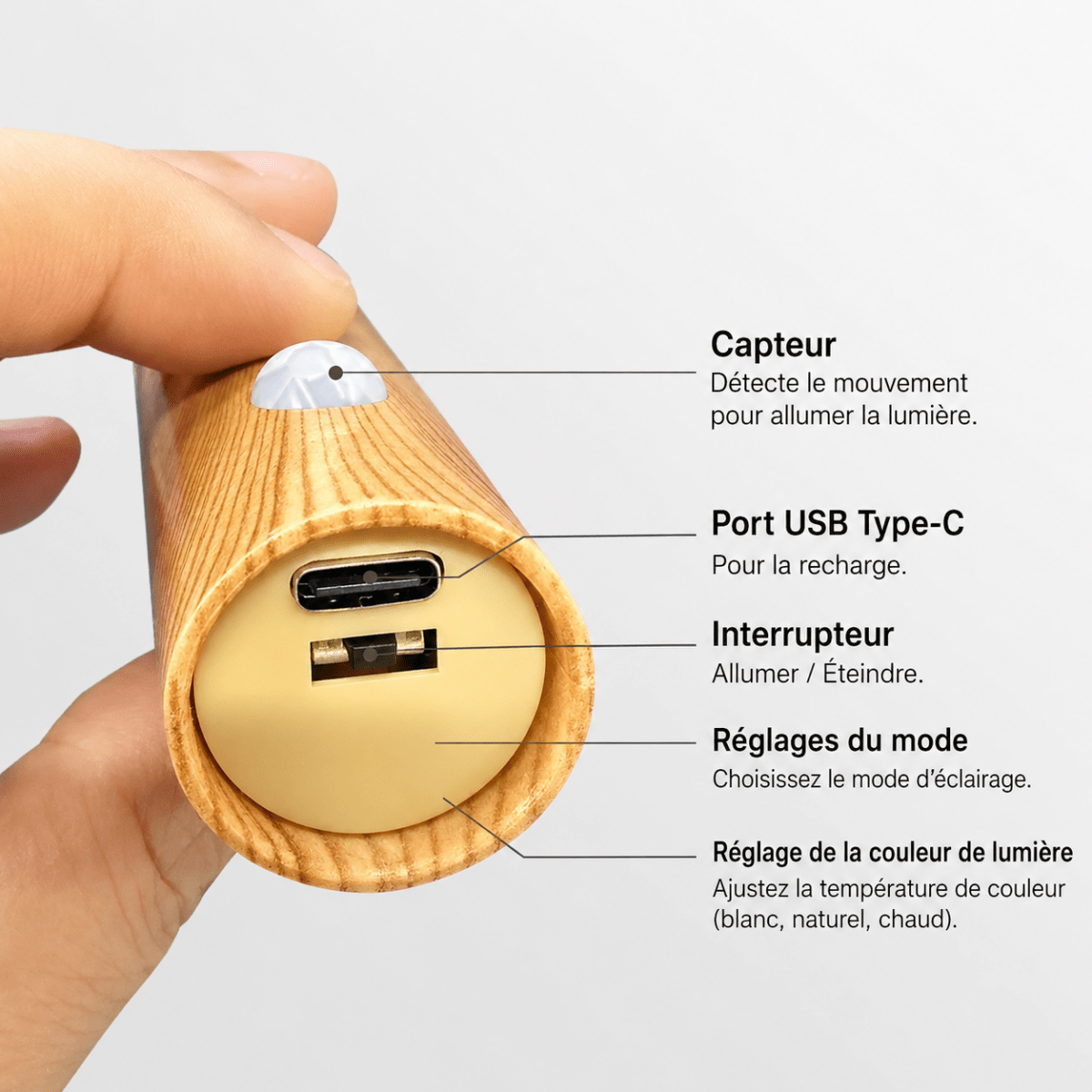 Applique Murale LED en Bois Rechargeable — Capteur de Mouvement et Fixation Magnétique | SENSO™ - Lampes Design