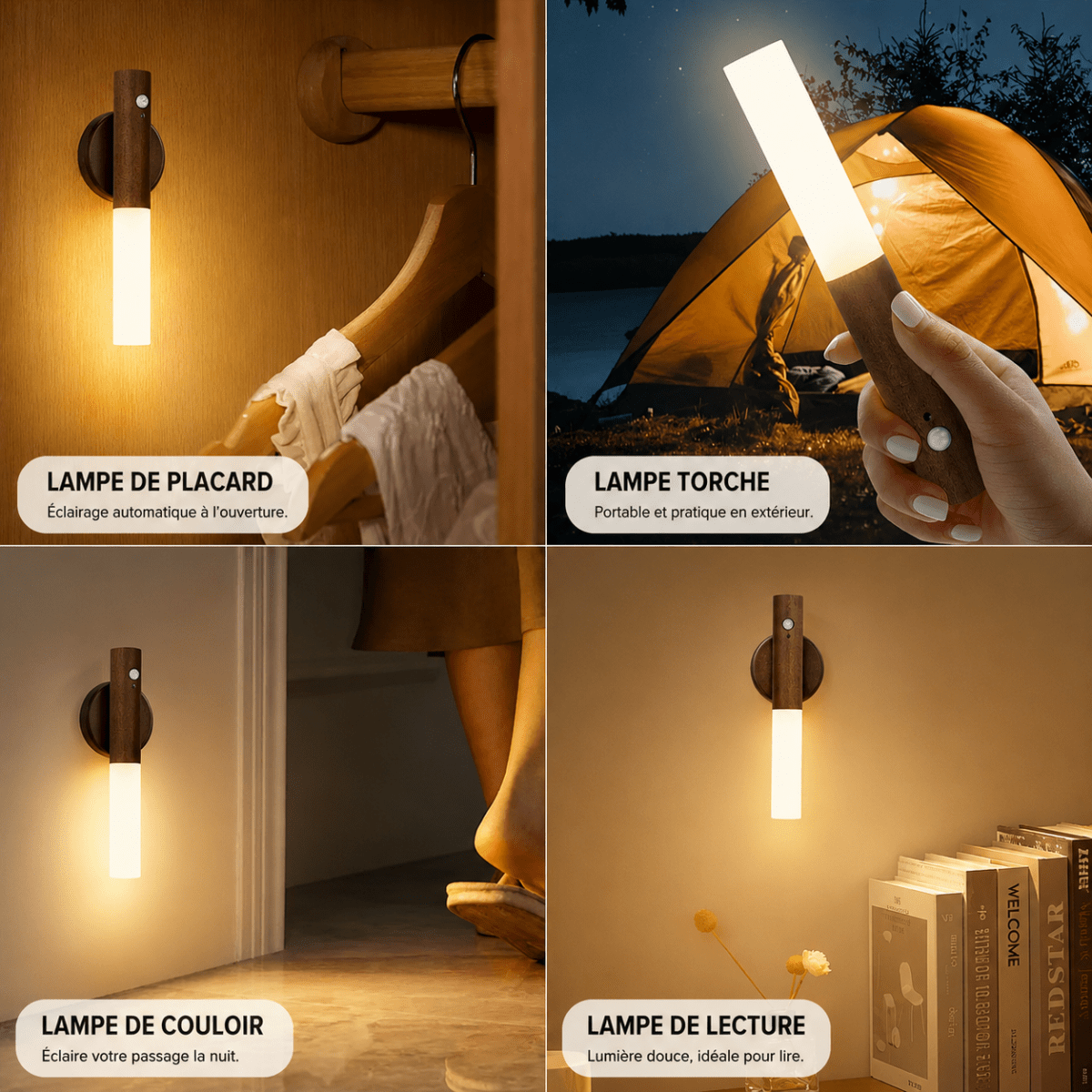 Applique Murale LED en Bois Rechargeable — Capteur de Mouvement et Fixation Magnétique | SENSO™ - Lampes Design