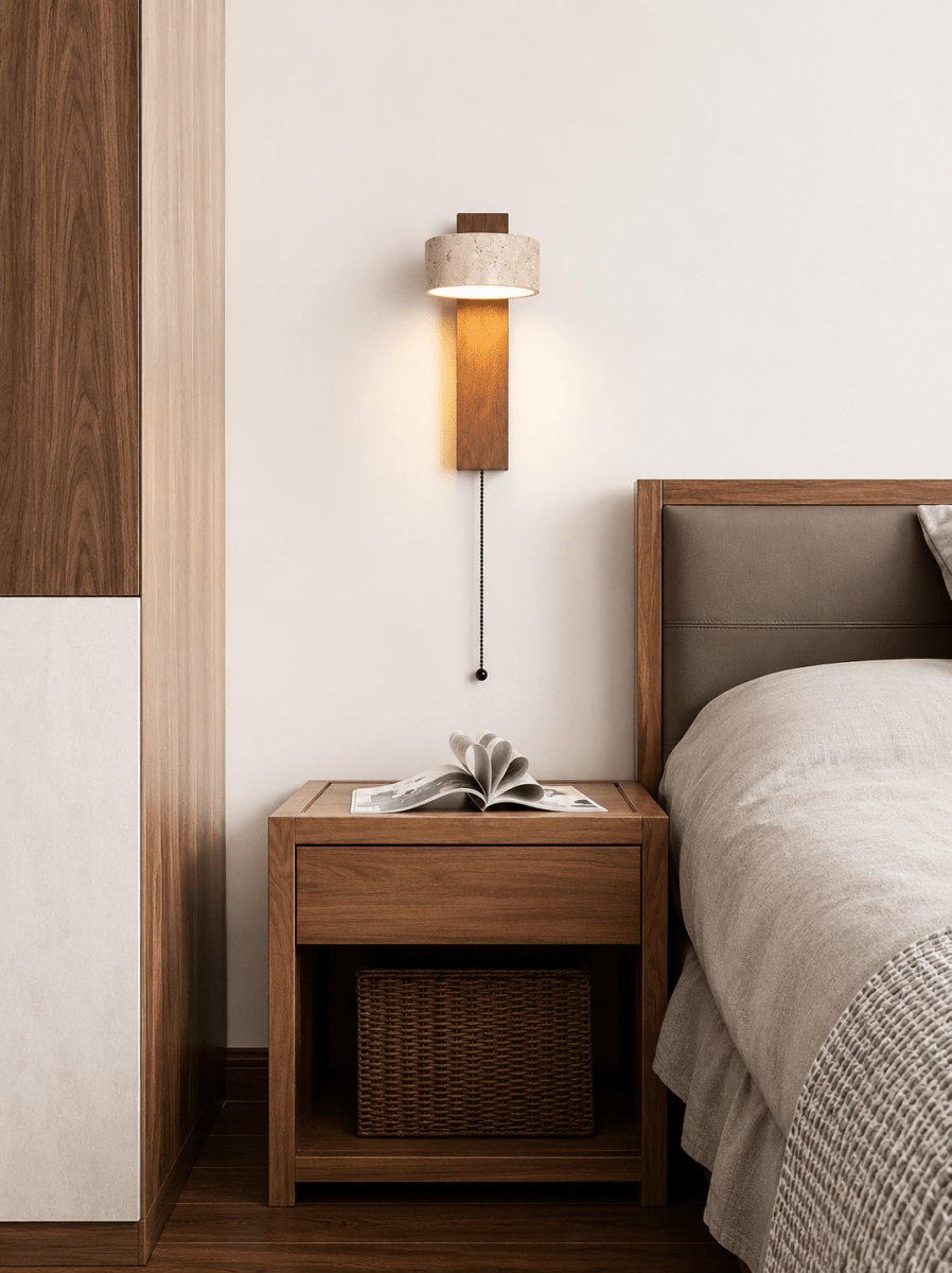 Applique Murale Pierre et Bois Style Japonais — Luminaire Minimaliste Interrupteur Tirette | STELE™ - Lampes Design