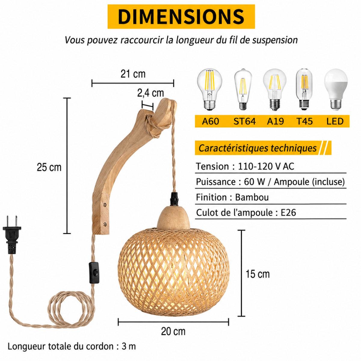 Applique Murale Rotin Tressé et Bras Courbé en Bois — Style Bohème | KORA™ - Lampes Design