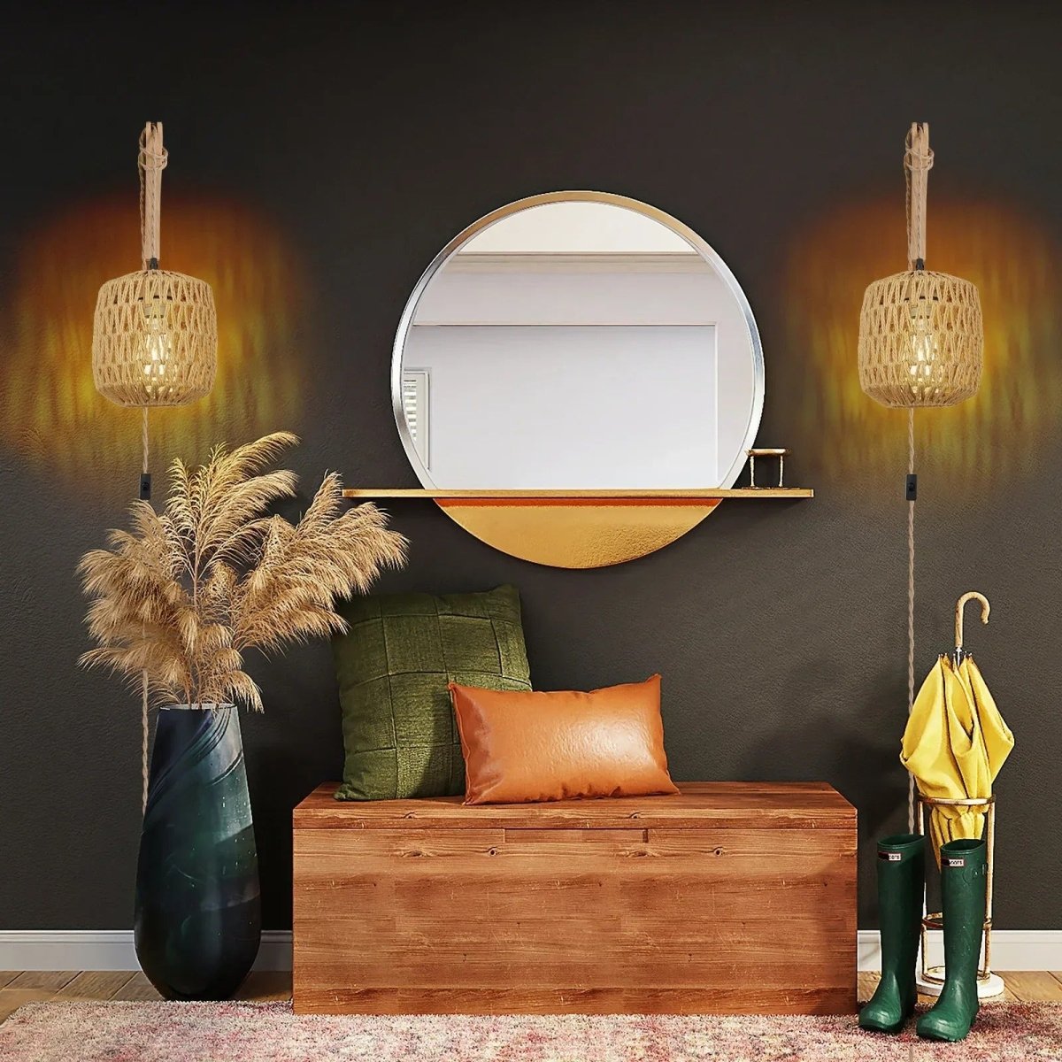 Applique Murale Rotin Tressé et Bras Courbé en Bois — Style Bohème | KORA™ - Lampes Design
