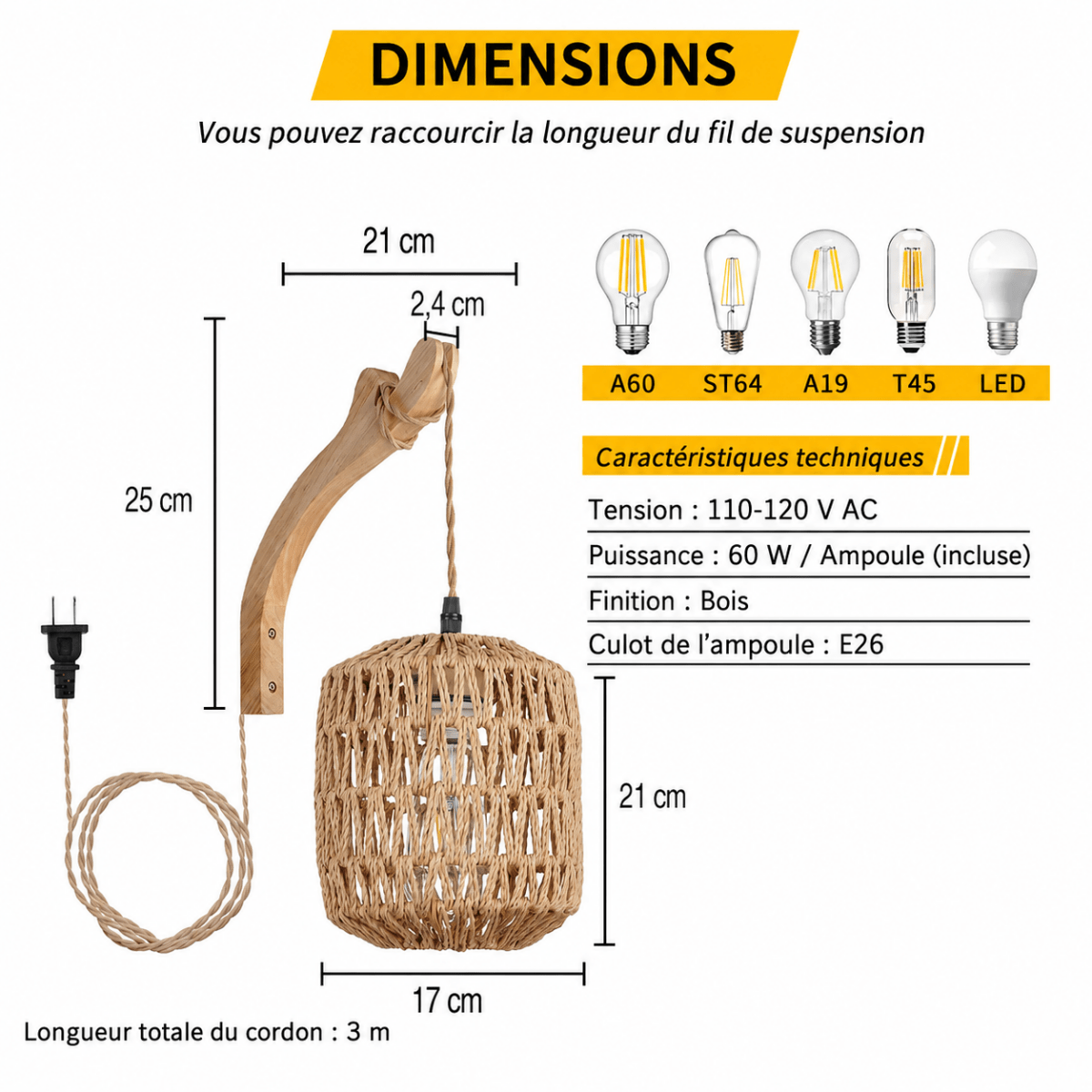 Applique Murale Rotin Tressé et Bras Courbé en Bois — Style Bohème | KORA™ - Lampes Design