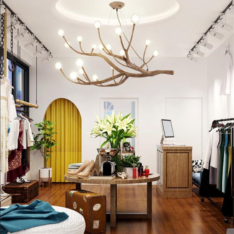Lustre nordique Branche d’Arbre à Bulles de Verre avec finition bois, éclairage LED chaleureux, idéal pour salons, îlots de cuisine et espaces d’accueil raffinés.

