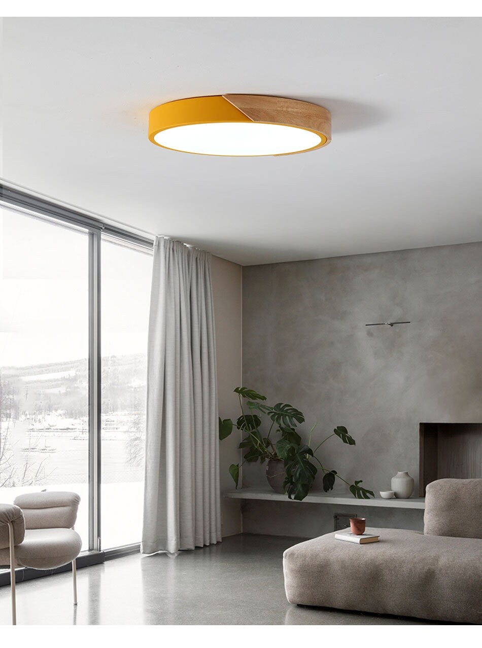 abat-jour tambour nordique LED moderne en bois et fer peint avec lumière réglable