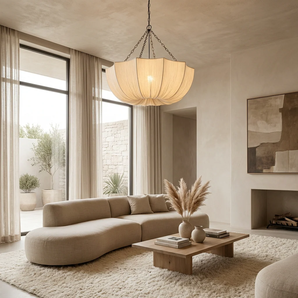Lustre Suspension Plissée Style Japonais en Tissu et Chaîne de Fer - Luminaire Rétro E27