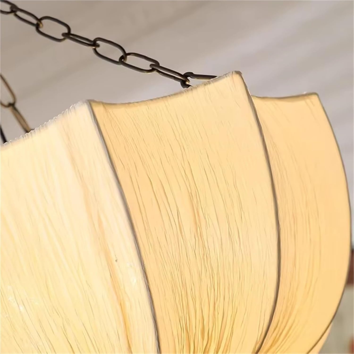 Lustre Suspension Plissée Style Japonais en Tissu et Chaîne de Fer - Luminaire Rétro E27