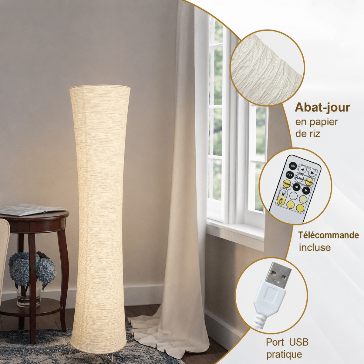 Lampadaire d'Angle en Papier de Riz LED Tricolore avec Télécommande — Design Cylindrique Zen | TORO™ - Lampes Design