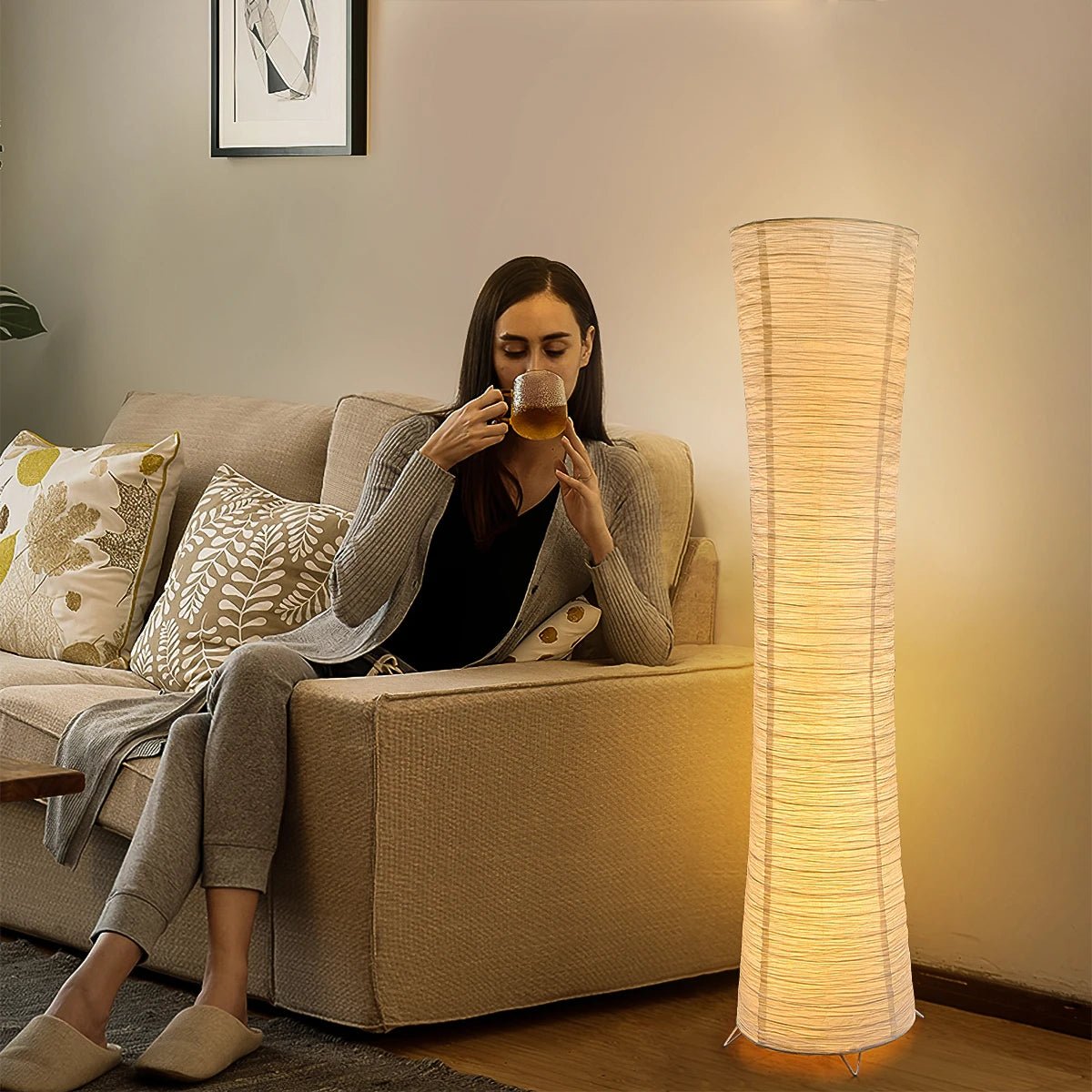 Lampadaire d'Angle en Papier de Riz LED Tricolore avec Télécommande — Design Cylindrique Zen | TORO™ - Lampes Design