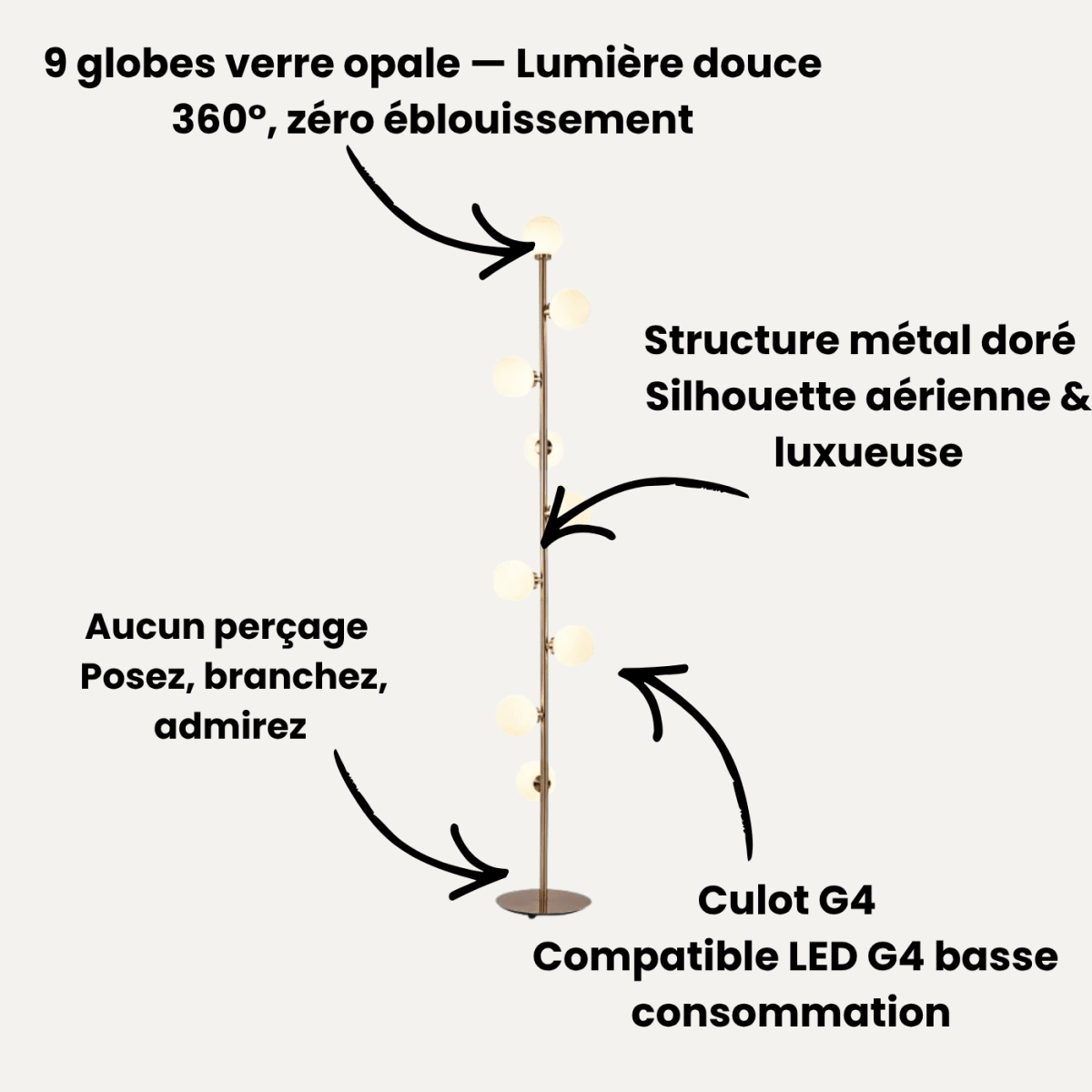 Lampadaire Design Nordique 9 Globes en Verre Opale et Métal Doré pour Salon | Magic Beans™ - Lampes Design