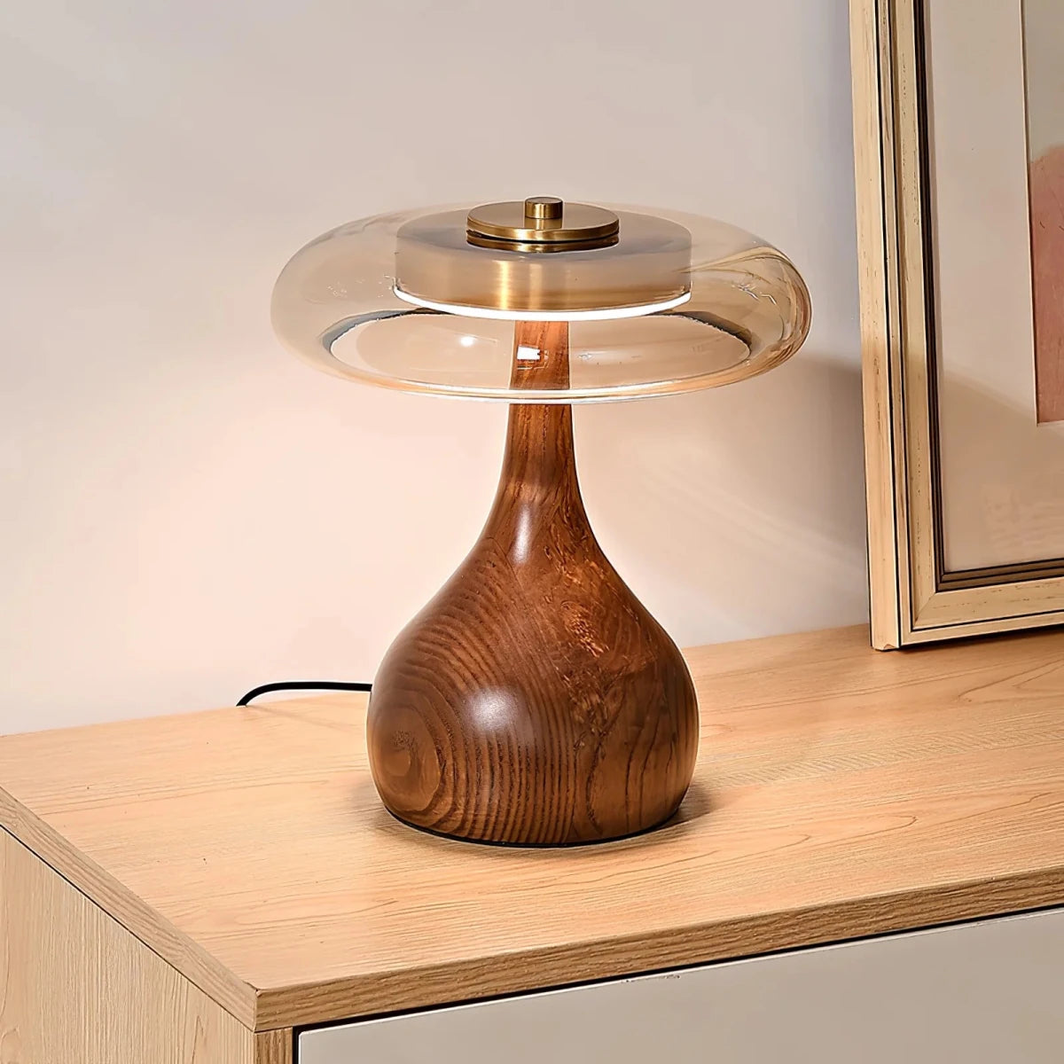 Lampe de Chevet Dôme en Verre & Pied en Bois Style Rétro | CALICE™ - Lampes Design