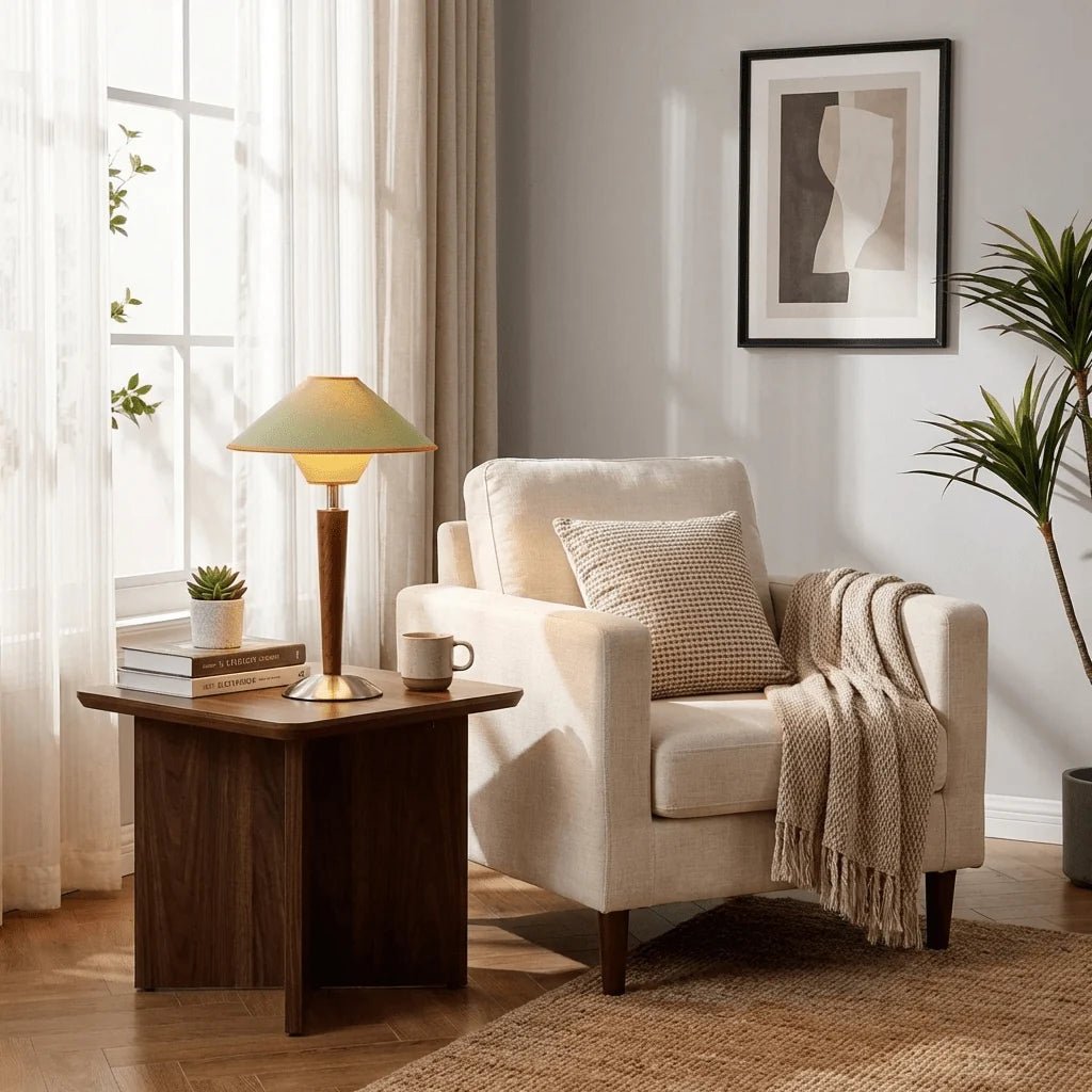 Lampe de Chevet Noyer Massif & Abat-jour Conique en Tissu | NOISETTE™ - Lampes Design