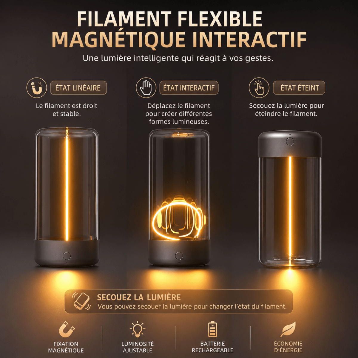 Lampe Portative Sans Fil à Filament — Rechargeable Type-C, Base Magnétique | QUANTA™ - Lampes Design