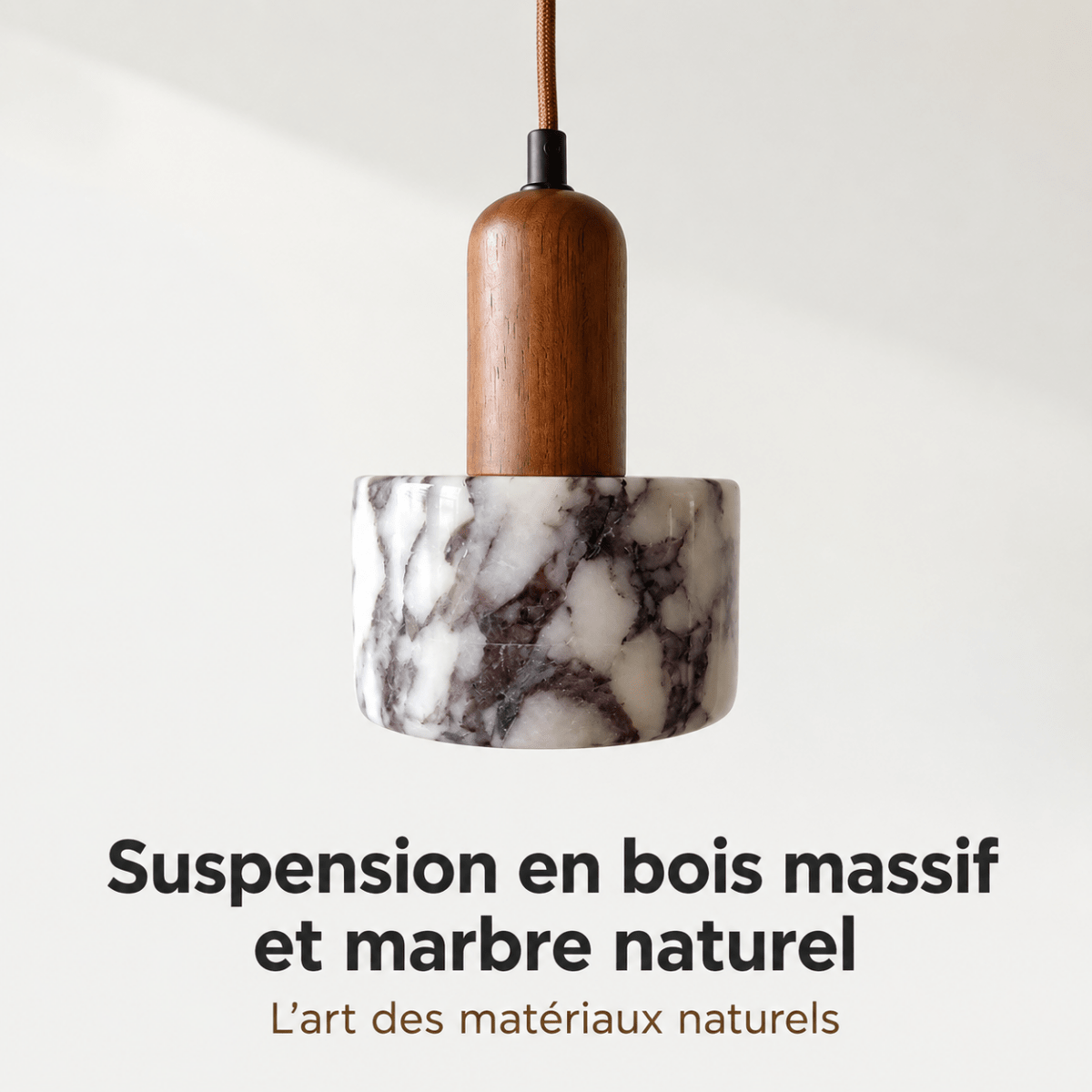 Suspension Bois et Marbre — Abat-jour Marbre Noir, Montage Bois Massif | ISHI™ - Lampes Design