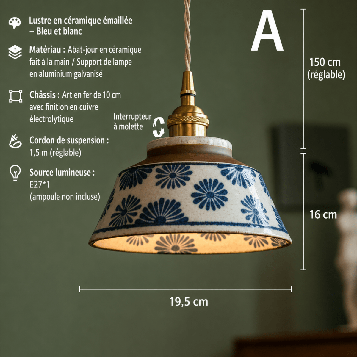 Suspension Céramique Bleu et Blanc Peinte à la Main — Style Chinois Rétro | QINGHUA™ - Lampes Design