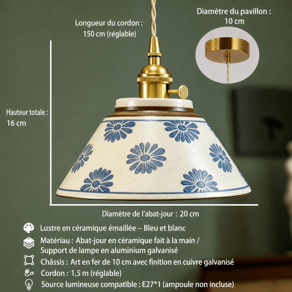 Suspension Céramique Bleu et Blanc Peinte à la Main — Style Chinois Rétro | QINGHUA™ - Lampes Design