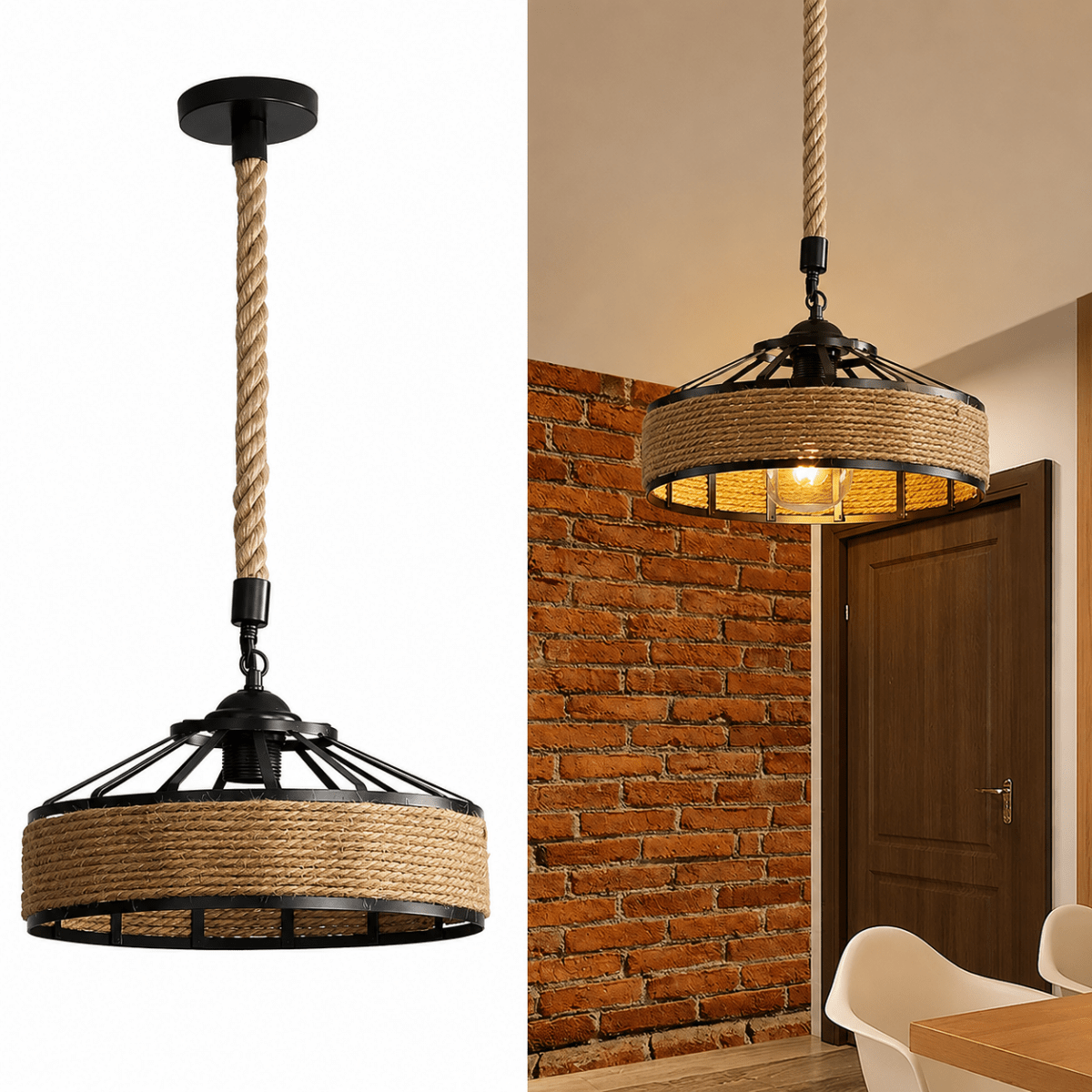 Suspension Classique en Corde de Chanvre et Fer Ø30 cm — Rétro Industrielle | CHANVRE™ - Lampes Design