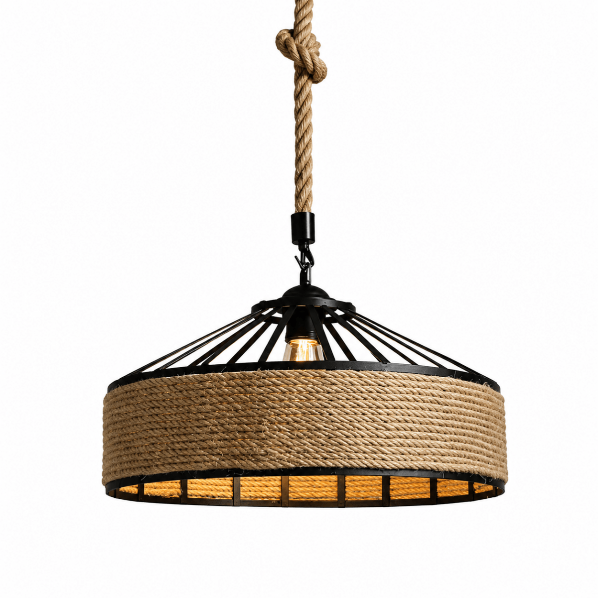Suspension Classique en Corde de Chanvre et Fer Ø30 cm — Rétro Industrielle | CHANVRE™ - Lampes Design