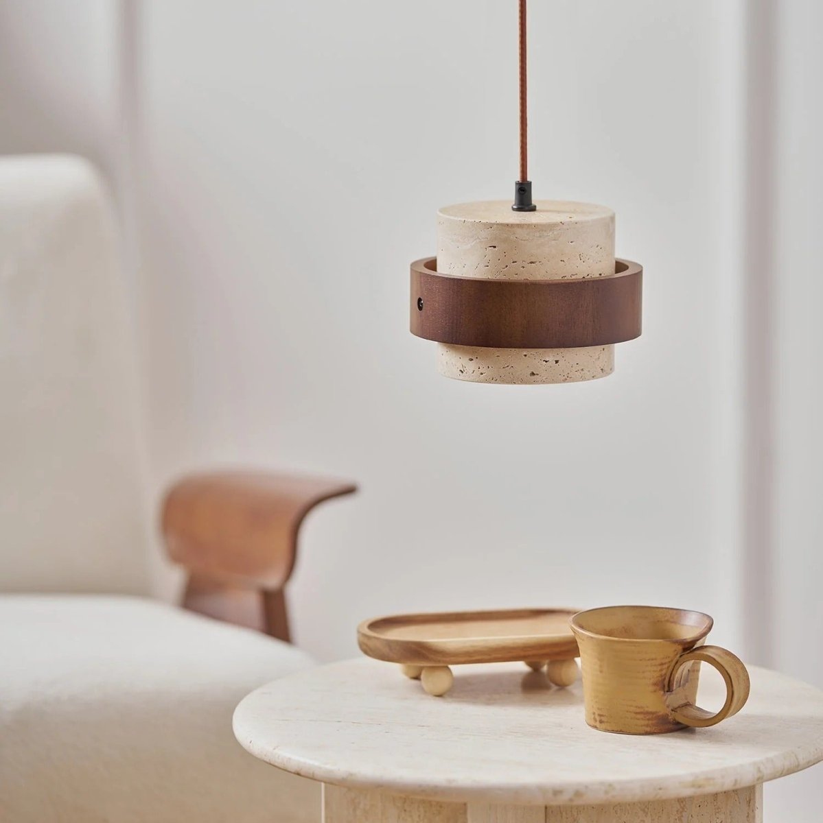 Suspension Design en Bois et Travertin — Luminaire Organique Style Wabi-Sabi | L'OASIS™ - Lampes Design