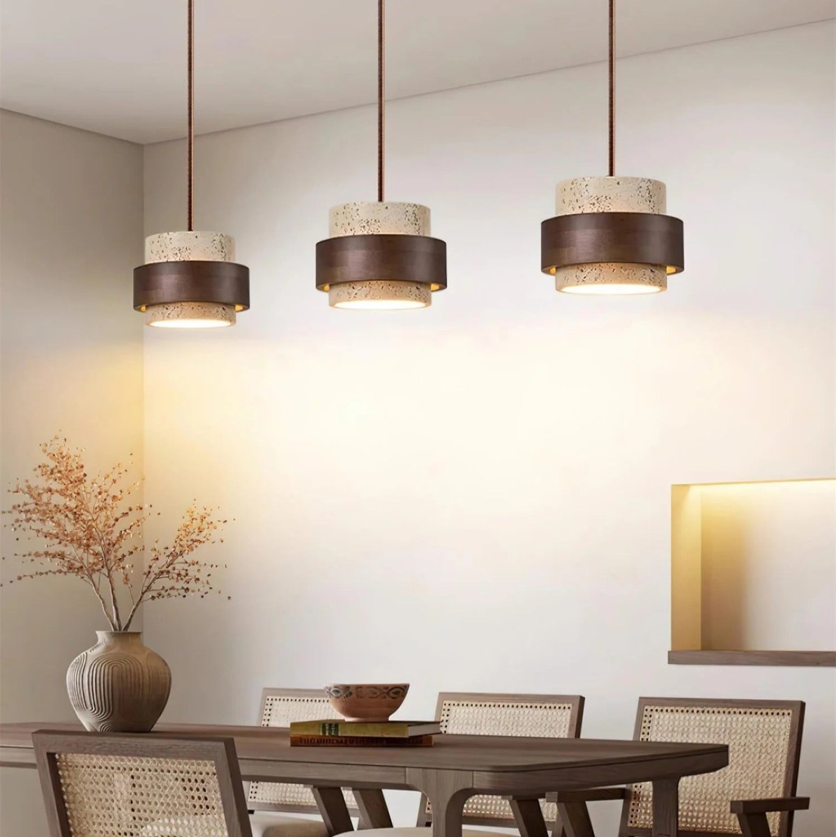 Suspension Design en Bois et Travertin — Luminaire Organique Style Wabi-Sabi | L'OASIS™ - Lampes Design